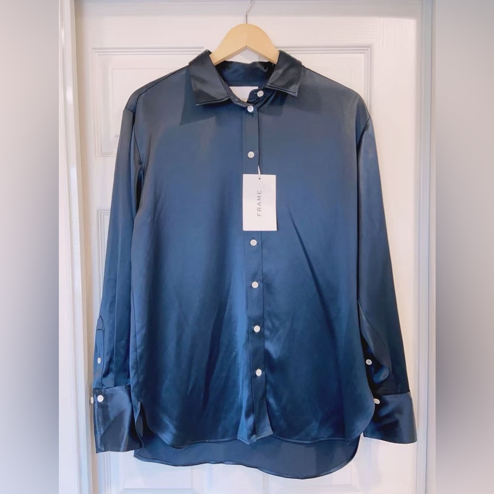 NWT Frame The Oversized Shirt Blouse in Blue Sz S